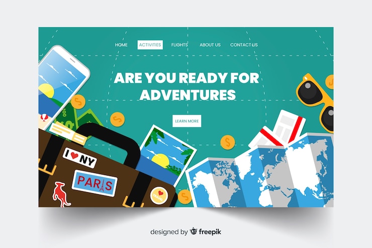 Vector gratuito landing page de viaje en diseño plano