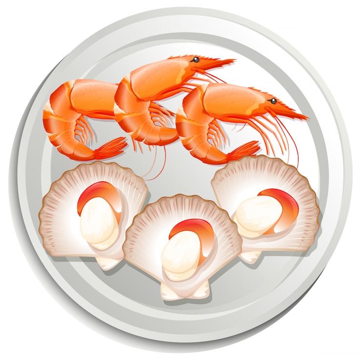 Vector gratuito langostinos y vieiras en plato