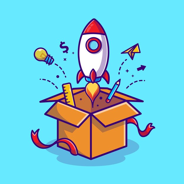 Lanzamiento de cohetes desde la caja de dibujos animados icono de ilustración Concepto de icono de tecnología empresarial