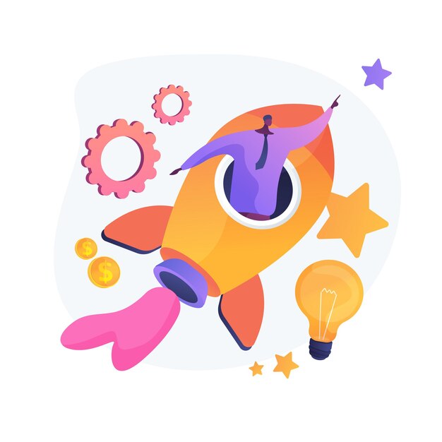Lanzamiento de proyecto empresarial. Soluciones innovadoras, pensamiento creativo, ideas valientes. Auto motivación y aspiraciones profesionales del empresario. Ilustración de metáfora de concepto aislado de vector