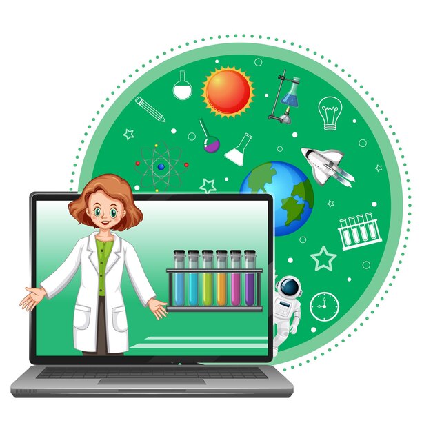 Vector gratuito laptop con dibujos animados de mujer científica