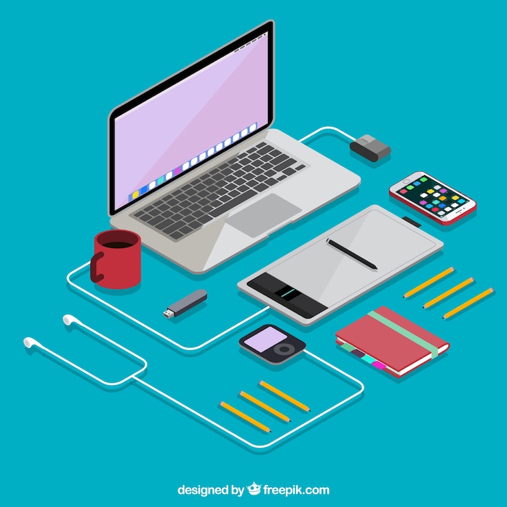 Vector gratuito laptop isométrico con dispositivos electrónicos