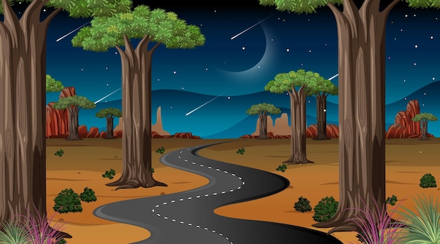 Vector gratuito largo camino a través de la escena del paisaje desértico por la noche.