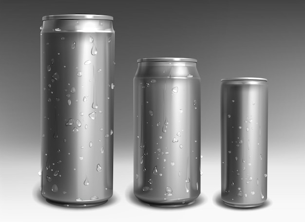 Vector gratuito latas de aluminio plateado con gotas de agua en estilo realista.