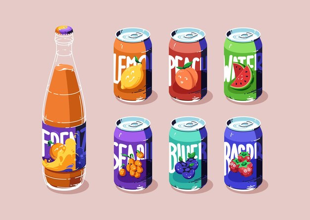 Latas y botellas de vidrio con jugo o limonada.