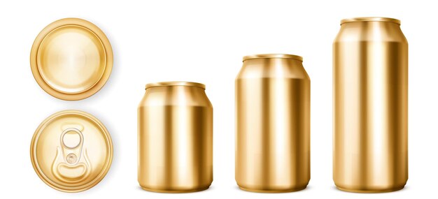 Latas doradas para refrescos o cerveza en la vista frontal, superior e inferior.