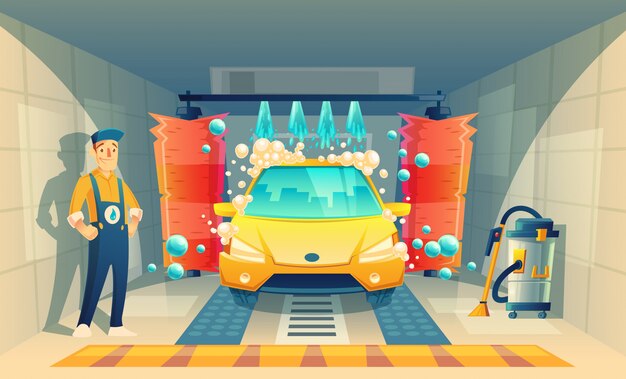 Lavado de autos automático, servicio con personaje de dibujos animados en caja, vehículo amarillo dentro de la cabina
