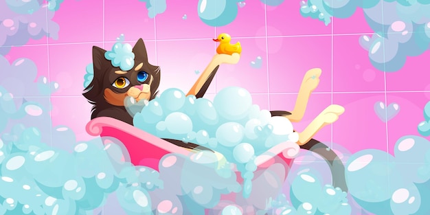 Lavado de gatos en la bañera en el salón de aseo de mascotas Ilustración de dibujos animados vectoriales de gatito con heterocromía tomando baño con espuma de jabón y pato Spa para animales domésticos