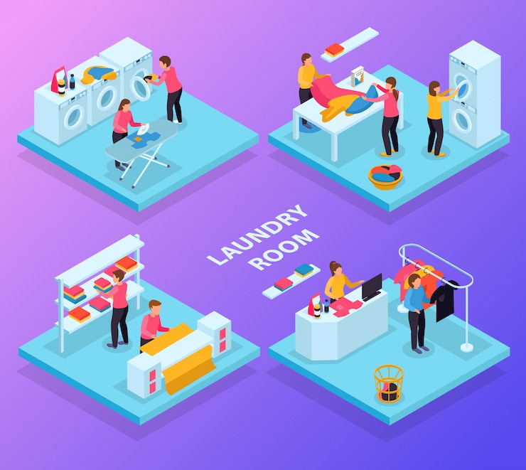 Vector gratuito lavandería isométrica 4x1 con diferentes salas de servicio de lavandería, ropa de texto y personajes humanos.