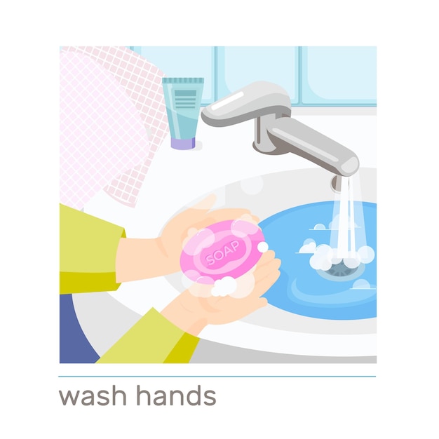 Lavarse las manos humanas con jabón en la composición plana del fregadero