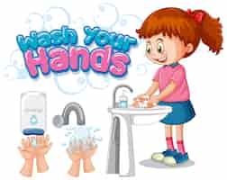 Vector gratuito lávese el diseño del cartel de las manos con la niña lavarse las manos