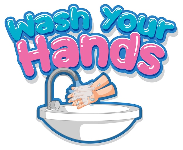 Lávese las manos diseño de fuente con el lavado de manos por fregadero de agua aislado sobre fondo blanco.