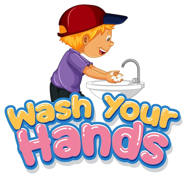 Lávese las manos diseño de fuente con un niño lavándose las manos sobre fondo blanco.