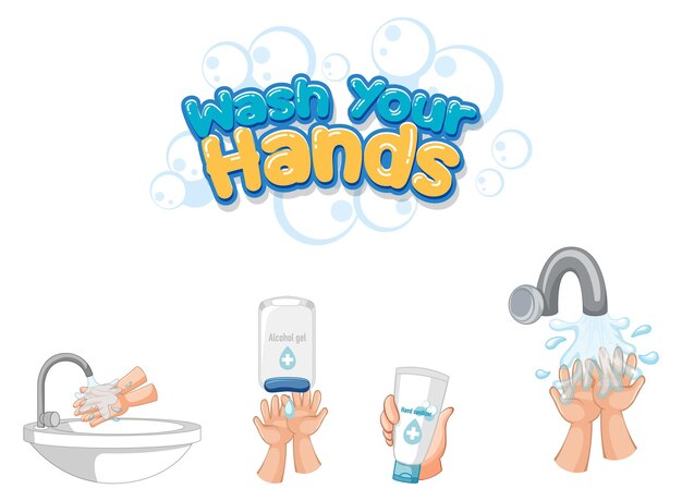 Lávese las manos diseño de fuente con productos desinfectantes para manos aislado sobre fondo blanco.