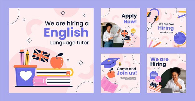 Lecciones de inglés de diseño plano publicaciones en Instagram