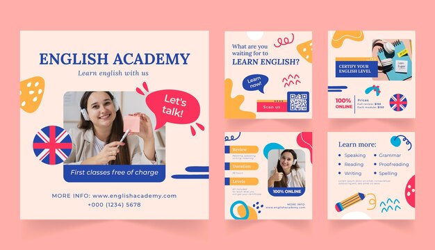 Lecciones de inglés de diseño plano publicaciones en Instagram