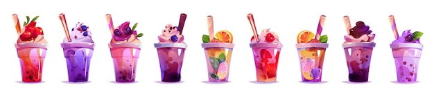 Vector gratuito leche té burbuja bebida vector jugo taza dibujos animados ilustración hielo boba azúcar batido postre clipart para menú asiático taiwanés deliciosa fruta dulce bubbletea con paja crema tapioca en juego de plástico