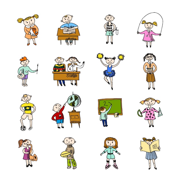 La lectura de aprendizaje de porristas y jugar a la escuela de fútbol niños con mochila doodle dibujo ilustración vectorial