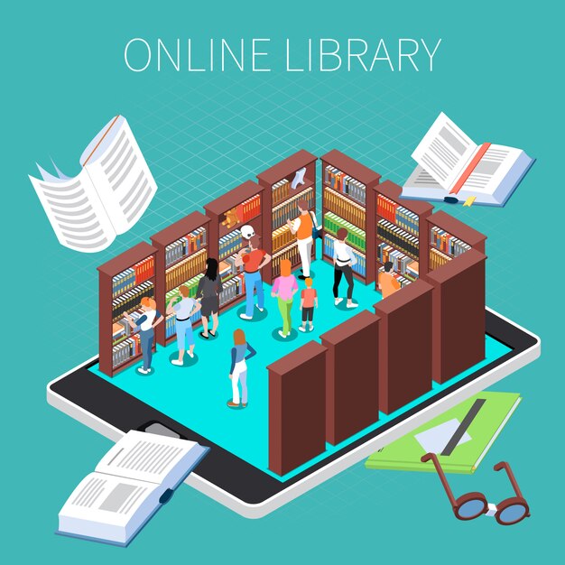 Lectura y composición de la biblioteca con símbolos de biblioteca en línea isométricos