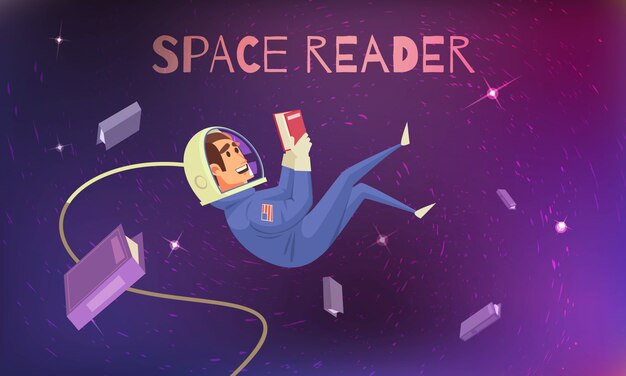 Lectura espacial con cosmonauta en traje espacial plano