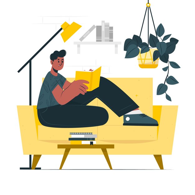 Lectura en la ilustración del concepto de sofá