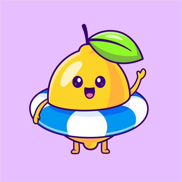Lemon lindo con neumático de natación icono vectorial de dibujos animados Ilustración de comida icono deportivo aislado plano