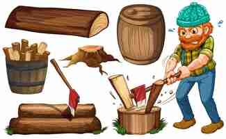 Vector gratuito leñador cortando maderas y otros artículos de madera