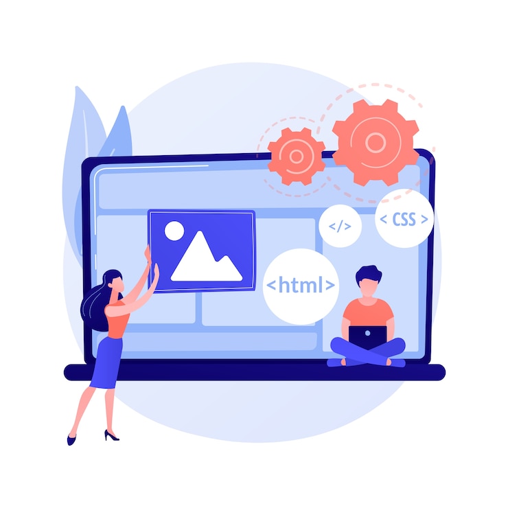 Vector gratuito lenguajes de programación css y html. programación informática, codificación, informática. personaje de dibujos animados programador femenino. software, desarrollo de sitios web.