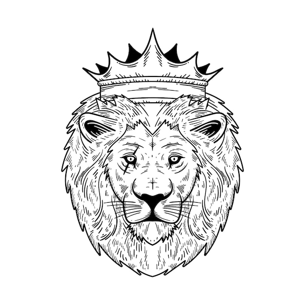 León dibujado a mano con ilustración de contorno de corona
