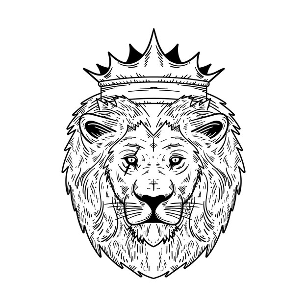 León dibujado a mano con ilustración de contorno de corona