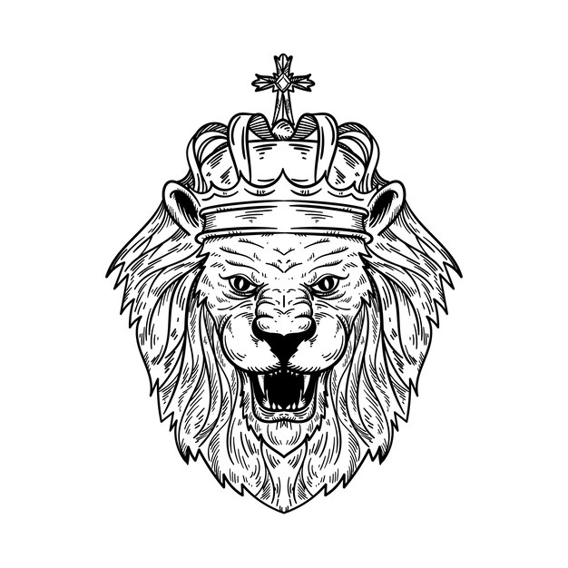 León dibujado a mano con ilustración de contorno de corona