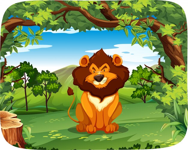 León en la escena de la naturaleza
