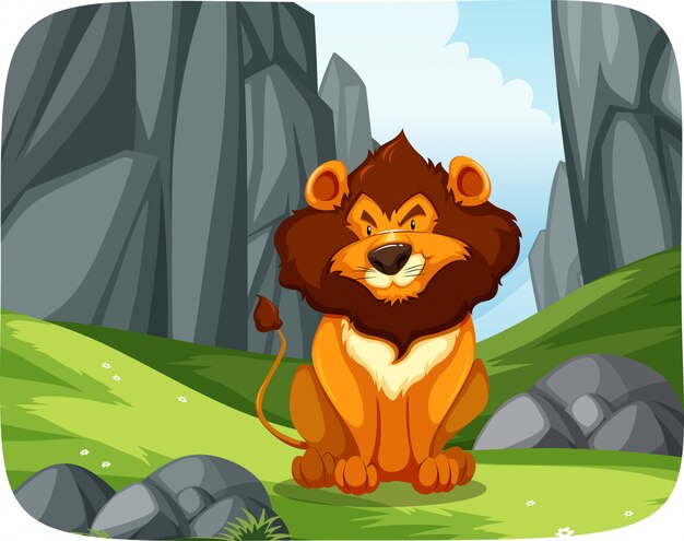 León en la escena de la naturaleza