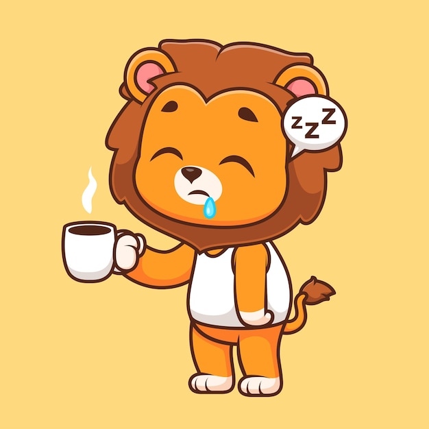 León lindo durmiente sosteniendo café Icono vectorial de dibujos animados Ilustración de animales Icono de bebida aislado plano