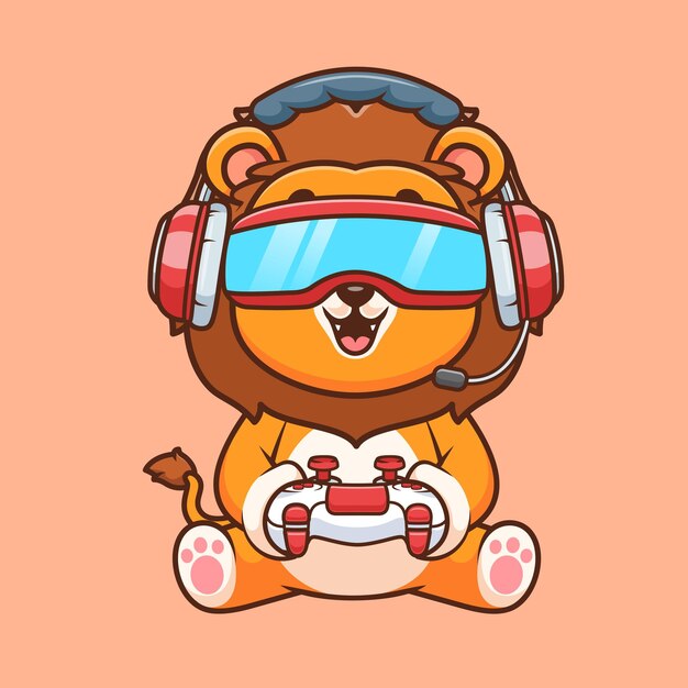 León lindo jugando Vr Juego con controlador dibujos animados Icono vectorial Ilustración Tecnología animal plana