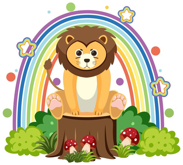 León lindo en tocón en estilo de dibujos animados plana