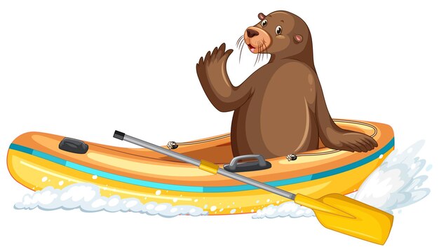 León marino en bote inflable en estilo de dibujos animados