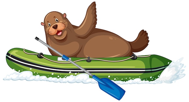 León marino en bote inflable en estilo de dibujos animados