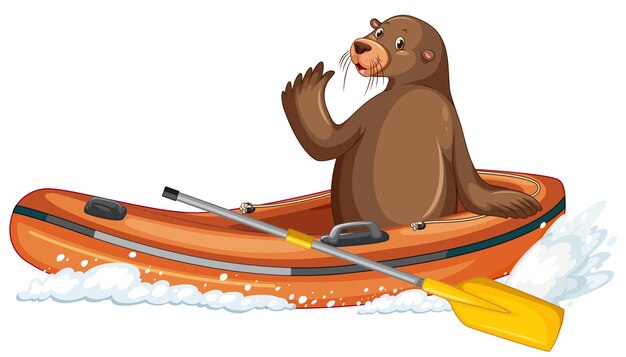 León marino en bote inflable en estilo de dibujos animados