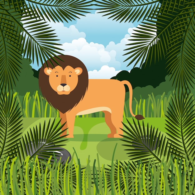 león salvaje en la escena de la selva