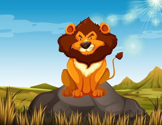 León salvaje sentado en la piedra