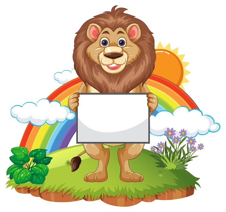 Vector gratuito león sosteniendo el signo con el arco iris