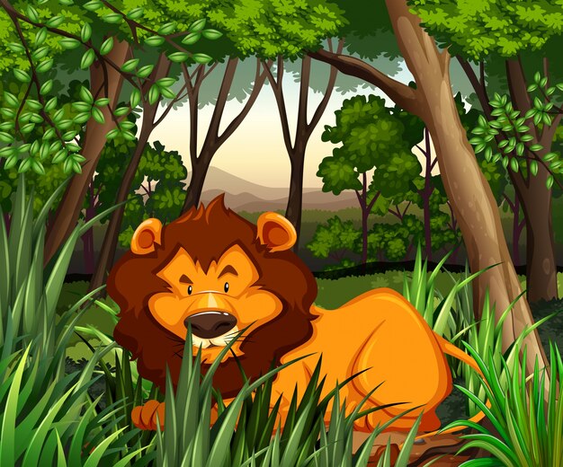 León viviendo en el bosque oscuro ilustración