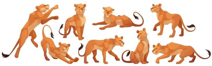 Vector gratuito leona personaje gato salvaje en diferentes poses