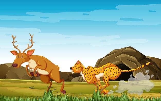 Leopardo cazando ciervos en personaje de dibujos animados en el bosque