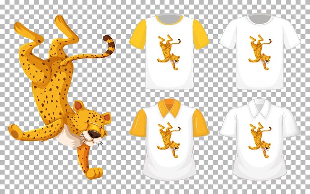 Leopardo en personaje de dibujos animados de posición de baile con muchos tipos de camisas sobre fondo transparente