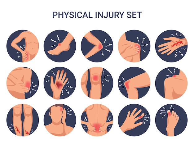 Vector gratuito lesiones físicas del cuerpo humano redondo conjunto plano con hombro rodilla dedo quemaduras cortadas heridas aisladas