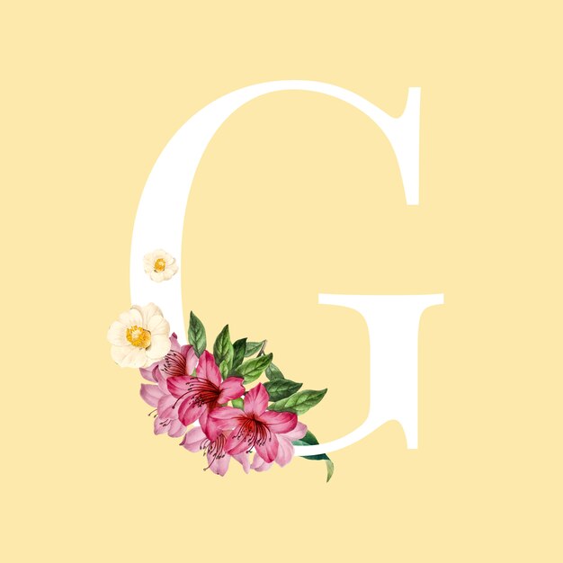 Letra G blanca decorada con mano dibujado vector de flores de momias