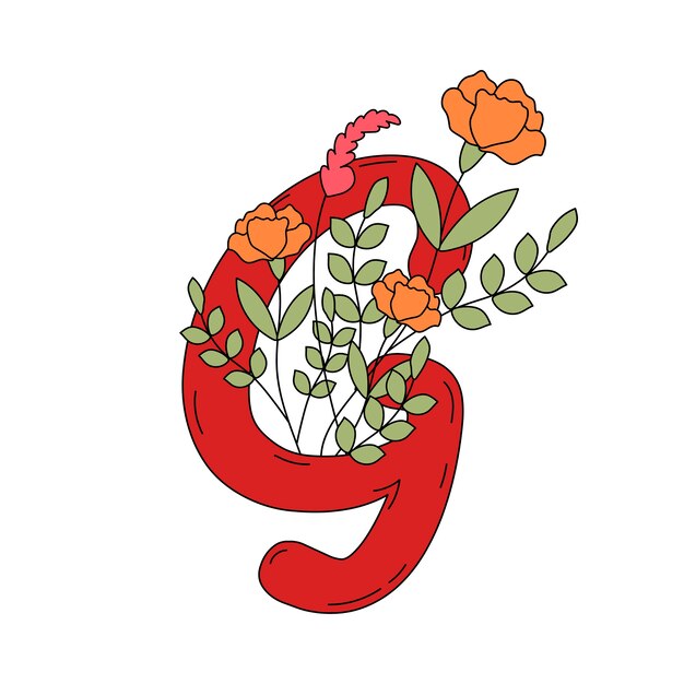 Letra G con vector de hojas y flores