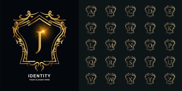 Diseno De Logotipo De Letra J De Lujo Con Plantilla De Fondo De Marco Floral Vector Premium